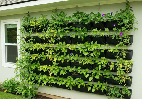 Konsep Kebun Vertikal Pakai Tanaman Rambat di Dinding Rumah Kecil (AI)