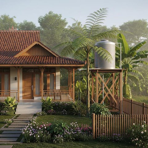 Model Rumah di Desa dengan Sistem Air Gravitasi Tanpa Pompa/AI