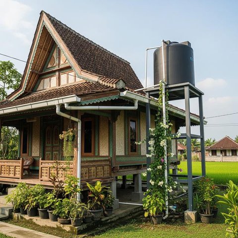 Model Rumah di Desa dengan Sistem Air Gravitasi Tanpa Pompa/AI