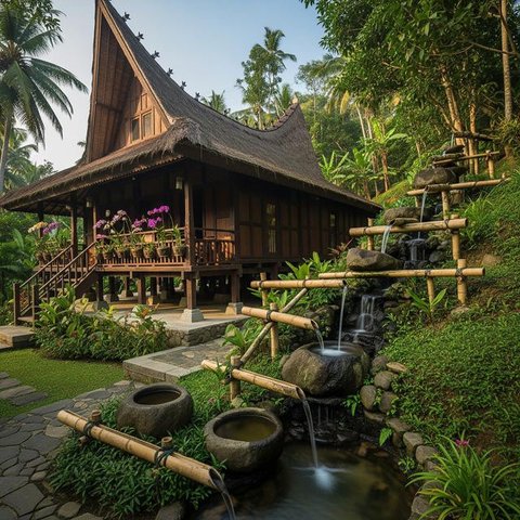 Model Rumah di Desa dengan Sistem Air Gravitasi Tanpa Pompa/AI