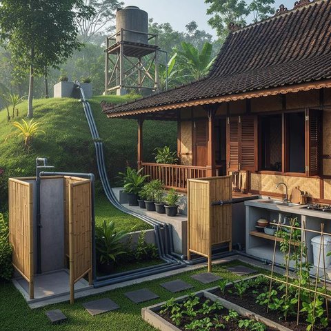 Model Rumah di Desa dengan Sistem Air Gravitasi Tanpa Pompa/AI