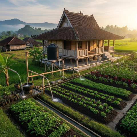 Model Rumah di Desa dengan Sistem Air Gravitasi Tanpa Pompa/AI