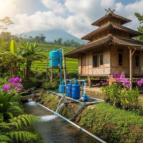 Model Rumah di Desa dengan Sistem Air Gravitasi Tanpa Pompa/AI