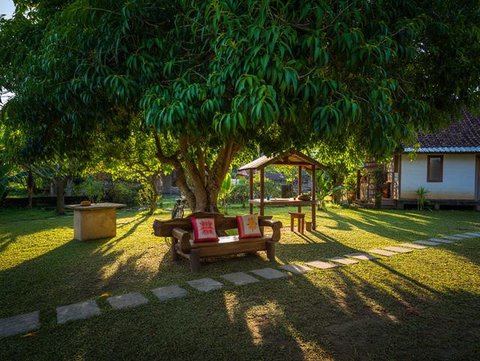 Ide Rumah Sederhana Sejuk di Desa dengan Pohon Buah (AI)