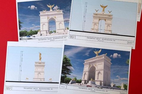 Presiden Amerika Serikat Donald Trump memamerkan desain dari Gapura Kemenangan di Washington D.C. Ia klaim jadi yang paling indah sedunia. (Dok. U.S. Commission of Fine Arts)