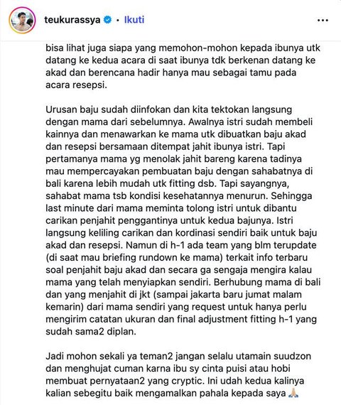 Tak terima dikecam publik, Teuku Rassya klarifikasi soal mengapa Tamara Bleszynski datang sebagai tamu dengan baju serbahitam di resepsi pernikahannya. (Foto: Dok. Instagram @cleanthaislan)
