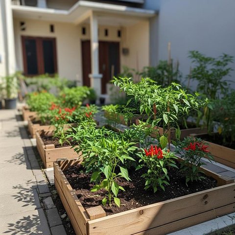Desain Kebun Cabai di Meja Kayu Palet ala Kebun Mini. (Foto: AI)