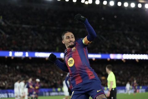 Pemain Barcelona, Raphinha, sukses mencetak gol ke gawang FC Copenhagen dalam lanjutan Liga Champions 2025/2026 di Camp Nou, Kamis (29/1/2026) dini hari WIB.