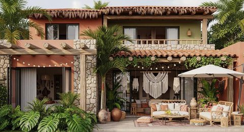 Mezzanine Tamu dengan Nuansa Earthy Tone/Desain Rumah Mungil ala Villa dengan Mezzanine (Sumber: gemini.com)