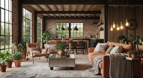 Mezzanine Tamu dengan Nuansa Earthy Tone/Desain Rumah Mungil ala Villa dengan Mezzanine (Sumber: gemini.com)