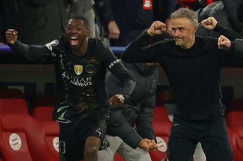 Selebrasi Ousmane Dembele usai menjebol gawang Bayern Munchen, Kamis (7/5/2026) (AP Photo/Matthias Schrader)