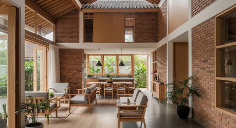 Desain Rumah Desa Nuansa Japandi Pakai Kayu dan Bata Ekspos/Gemini AI