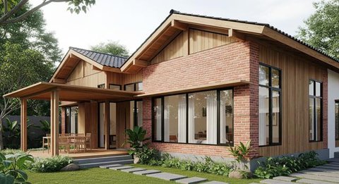 Desain Rumah Desa Nuansa Japandi Pakai Kayu dan Bata Ekspos/Gemini AI