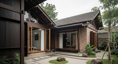 Desain Rumah Desa Nuansa Japandi Pakai Kayu dan Bata Ekspos/Gemini AI
