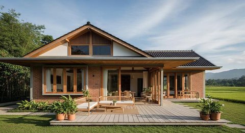 Desain Rumah Desa Nuansa Japandi Pakai Kayu dan Bata Ekspos/Gemini AI
