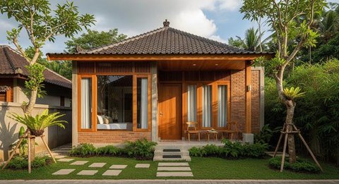Desain Rumah Desa Nuansa Japandi Pakai Kayu dan Bata Ekspos/Gemini AI