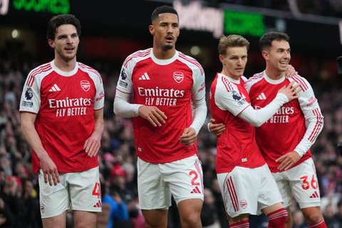 Selebrasi Bukayo Saka dkk. dalam laga Arsenal vs Atletico Madrid di leg kedua semifinal Liga Champions 2025/2026, Rabu (6/5/2026). (AP Photo/Alastair Grant)