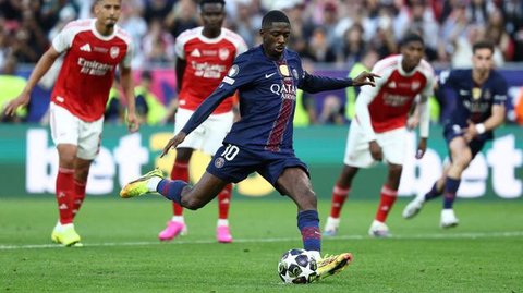 Penyerang Paris Saint-Germain (PSG), Ousmane Dembele, mencetak gol penyeimbang kedudukan dari titik putih ke gawang Arsenal dalam laga final Liga Champions 2025/2026, Sabtu (30/5/2026).