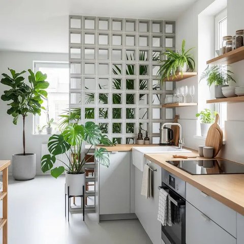 Model Dapur Kecil dengan Tanaman Hijau di Belakang dan Sekat Minimalis/AI