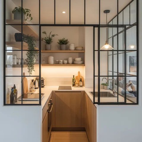 Model Dapur Kecil dengan Tanaman Hijau di Belakang dan Sekat Minimalis/AI