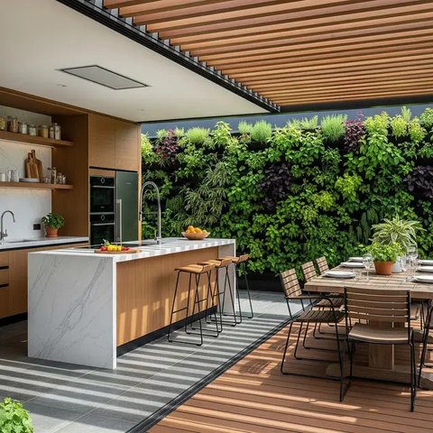 Model Dapur Kecil dengan Tanaman Hijau di Belakang dan Sekat Minimalis/AI