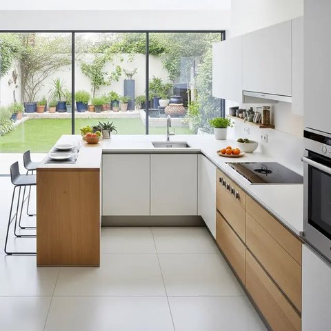 Model Dapur Kecil dengan Tanaman Hijau di Belakang dan Sekat Minimalis/AI