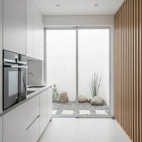 Model Dapur Kecil dengan Tanaman Hijau di Belakang dan Sekat Minimalis/AI