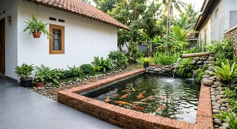 Inspirasi Model Kolam Ikan Memanjang di Samping Rumah Subsidi yang Menenangkan. Foto: Gemini AI