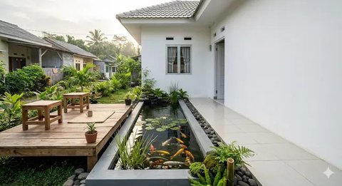 Inspirasi Model Kolam Ikan Memanjang di Samping Rumah Subsidi yang Menenangkan. Foto: Gemini AI