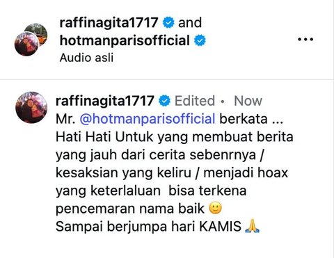 Raffi Ahmad unggah video Prabowo Subianto. Salah satu isinya menjamin kehidupan keluarga Affan Kurniawan, driver ojol yang tewas dilindas rantis Brimob, (Foto: Dok. Instagram @raffinagita1717