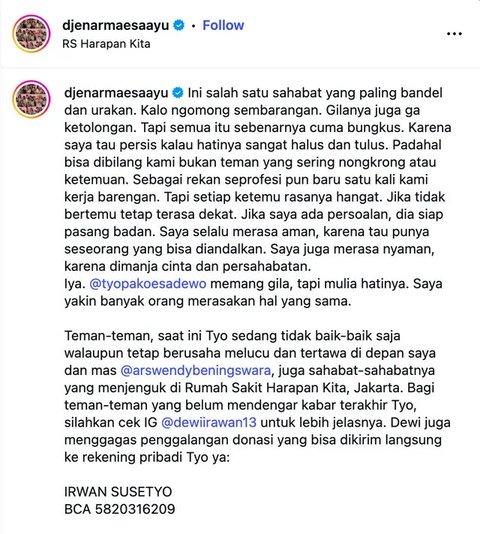 Setelah Dewi Irawan, giliran Djenar Maesa Ayu dan Arswendy Beningswara menjenguk Tyo Pakusadewo di di Rumah Sakit Harapan Kita Jakarta Barat.