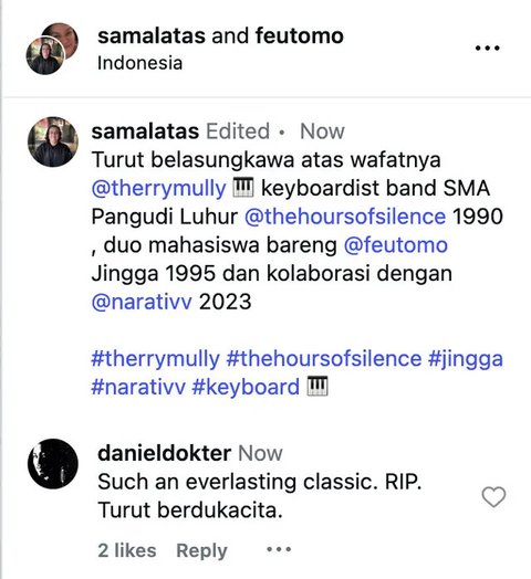 Vokalis Jingga, Fe Utomo membenarkan Therry Mully meninggal dunia dengan mengunggah kabar duka bersama sejumlah pihak. Salah satunya, Sam Alatas. (Foto: Dok. Istimewa)