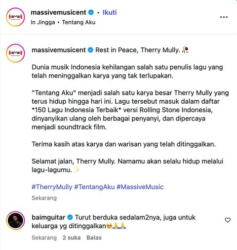 Vokalis Jingga, Fe Utomo membenarkan Therry Mully meninggal dunia dengan mengunggah kabar duka bersama sejumlah pihak. Salah satunya, Sam Alatas. (Foto: Dok. Istimewa)
