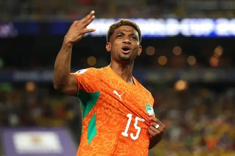 Amad Diallo #15 dari Pantai Gading merayakan gol pertama timnya selama pertandingan Grup E Piala Dunia 2026 antara Pantai Gading dan Ekuador di Stadion Philadelphia pada 14 Juni 2026 di Phila