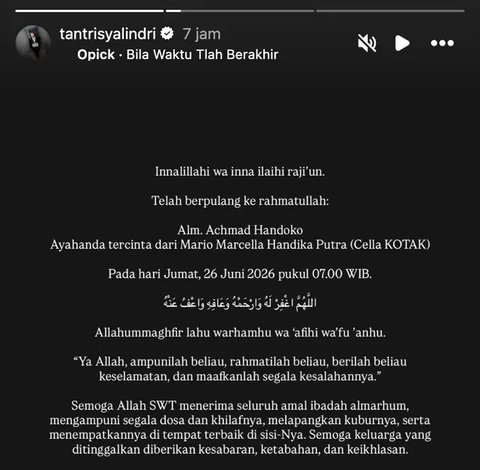 Tantri Kotak menjelaskan, ayahanda Cella Kotak, Achmad Handoko, meninggal di Banyuwangi, Jawa Timur, pada Jumat, 26 Juni 2026, sekitar jam 07.00 WIB. (Foto: Dok. Instagram @cellanadalam)