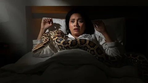 Ilustrasi seorang wanita mendapati ada ular piton di dadanya saat tidur. [Foto: Gemini]