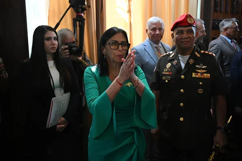 Presiden Sementara Venezuela Delcy Rodriguez usai sidang Majelis Nasional di Caracas, Venezuela, Senin (05/01/2026).