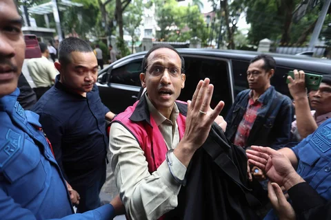 Mantan Mendikbudristek Nadiem Anwar Makarim usai menjalani sidang perkara dugaan korupsi pengadaan laptop Chromebook dan Chrome Device Management (CDM) di Pengadilan Tipikor Jakarta, Kamis (8/1/2026).