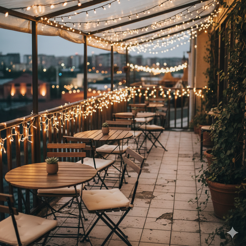 Balkon Kafe Outdoor dengan Lampu Tumblr