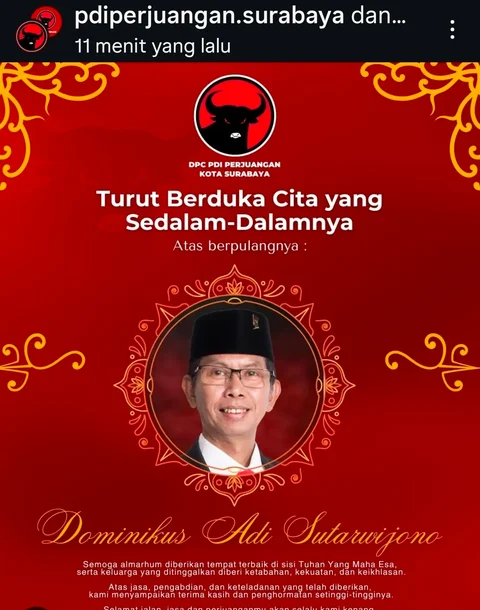Kabar Duka, Ketua DPRD Surabaya Dominikus Adi Sutarwijono Tutup Usia