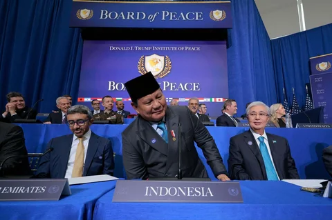 Presiden Prabowo Subianto saat menghadiri pertemuan perdana Dewan Perdamaian di Institut Perdamaian Donald J. Trump pada 19 Februari 2026 di Washington, DC.