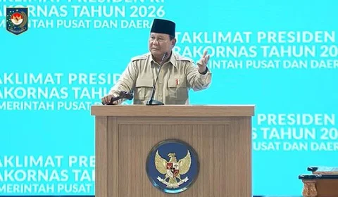 Presiden Prabowo Subianto dalam rapat koordinasi nasional (Rakornas) pemerintah pusat dan pemerintah daerah tahun 2026 di Sentul Internasional Convention Center (SICC), Bogor. (Tangkapan Laya