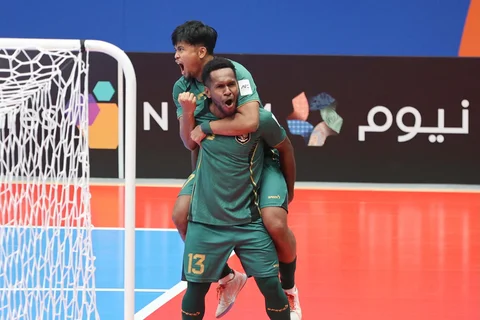 Pemain Timnas Futsal Indonesia, Wendy Brian merayakan gol pembuka ke gawang Vietnam dalam laga perempat final Piala Asia Futsal 2026 di Indonesia Arena, Senayan, Jakarta, Selasa (03/02/2026)