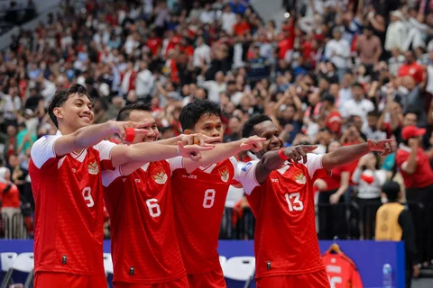 Pemain Timnas Futsal Indonesia  melakukan selebrasi  pada pertandingan semifinal AFC Futsal Asian Cup 2026 di Indonesia Arena, Senayan, Jakarta, Kamis (05/02/2026).