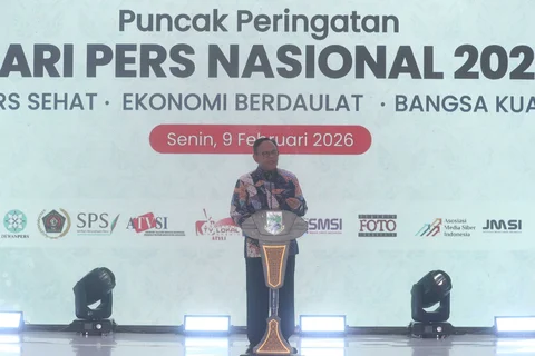 Ketua Dewan Pers Komaruddin Hidayat saat puncak peringatan Hari Pers Nasional 2026 di Kota Serang, Banten, Senin (9/2/2026). Peringatan Hari Pers Nasional pada tahun ini mengangkat tema Pers Sehat, Ekonomi Berdaulat, Bangsa Kuat
