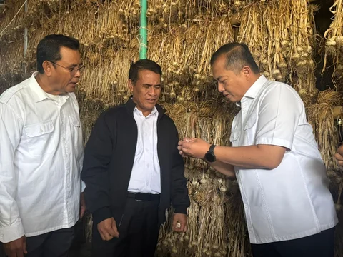 Menteri Pertanian Andi Amran Sulaiman saat meninjau pengembangan bawang putih di kawasan Sembalun, Lombok Timur, Nusa Tenggara Barat, Senin (09/02/2026).