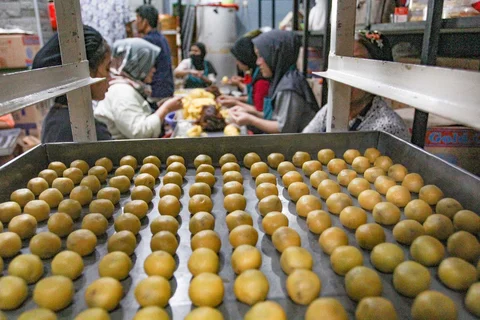 Pekerja menyelesaikan pembuatan  kue kering di Botisha Cookes Kampung Nastar, Larangan, Tangerang, Banten, Kamis (12/2/2026).