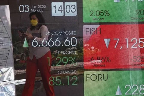 Pekerja melintas di depan layar Indeks Harga Saham Gabungan (IHSG) di BEI, Jakarta, Senin (3/1/2022). Pada pembukan perdagagangan bursa saham 2022 Indeks Harga Saham Gabungan (IHSG) langsung