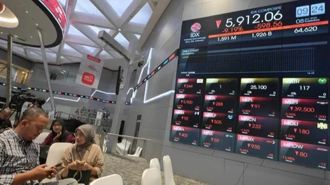 Melansir data RTI, pukul 09.38 WIB, IHSG bergerak di posisi 5.987 atau turun 522,92 poin (8,03 persen) dibanding penutupan sebelumnya pada level 6.510. (BAY ISMOYO/AFP)