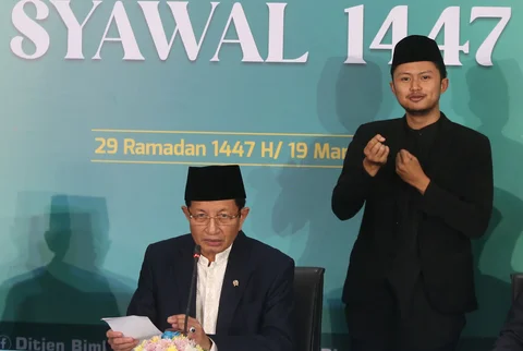 Menteri Agama Nasaruddin Umar menyampaikan konferensi pers hasil Sidang Isbat 1 Syawal 1447 Hijriah di Jakarta, Kamis (19/03/2026).